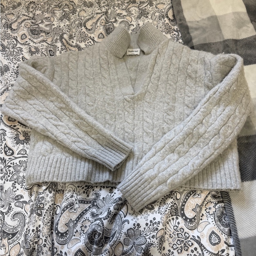 Sunday Best Light Gray Cable Knit V-Neck Sweater